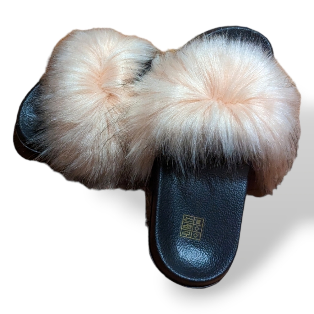 COPY - Woman's Fluffy Glam Pink Fur Sandals/Slides with Black Rubber Bottoms